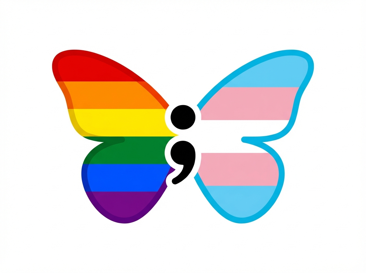 Butterfly logo with semicolon body, pride wing and trans wing